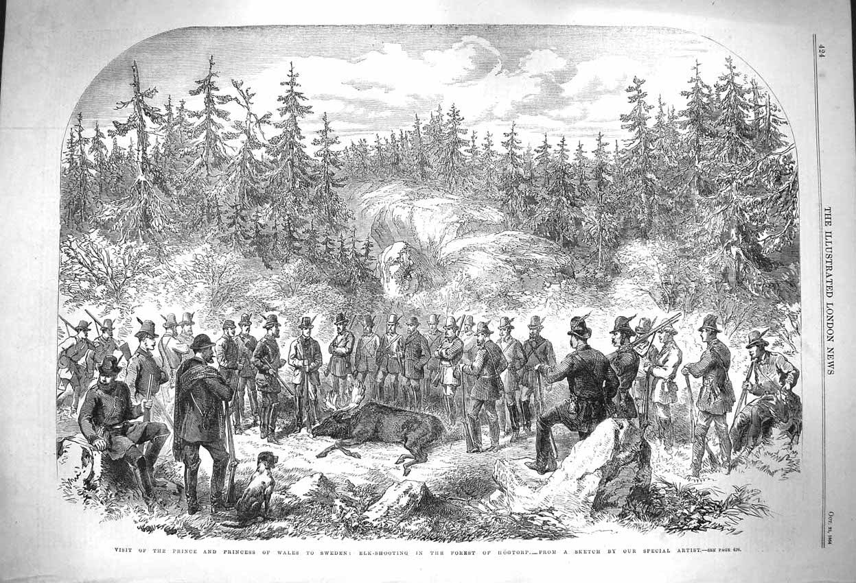 Antique Old Print *3933 1864 Prince Wales Sweden Elk Shooting Forest Hogtorp