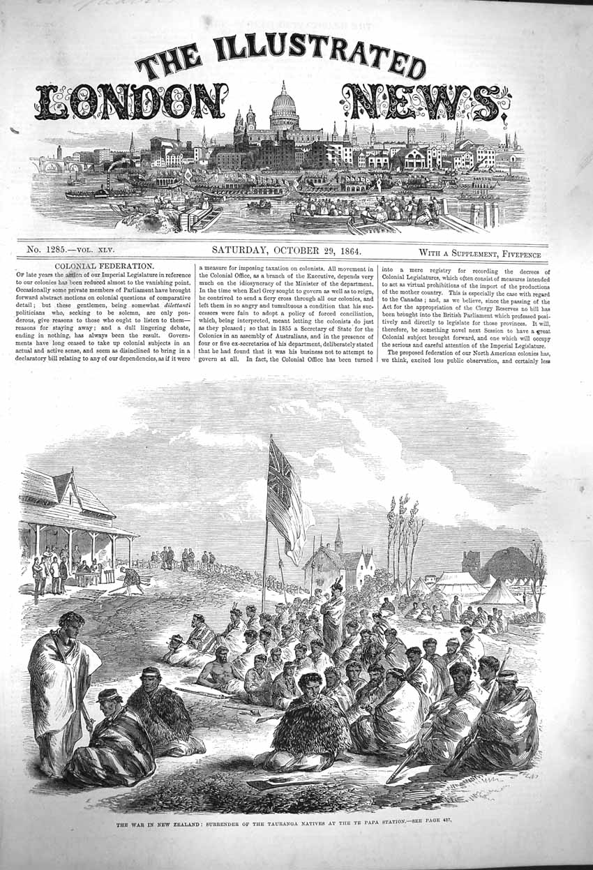 Original Old Antique Print 1864 War New Zeland Tauranga Natives Papa Station