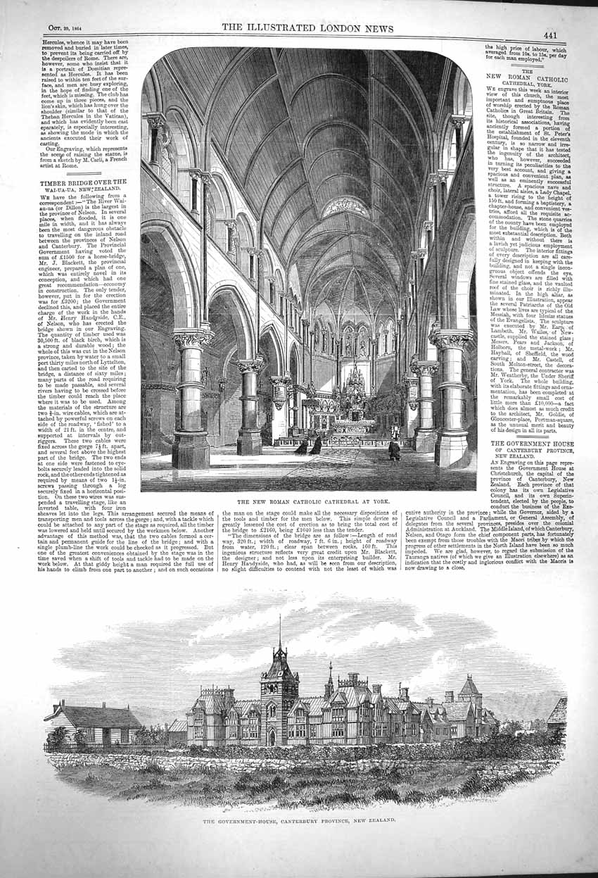 Old Antique Print 1864 Catholic Cathedral York Government House Zealand 19th