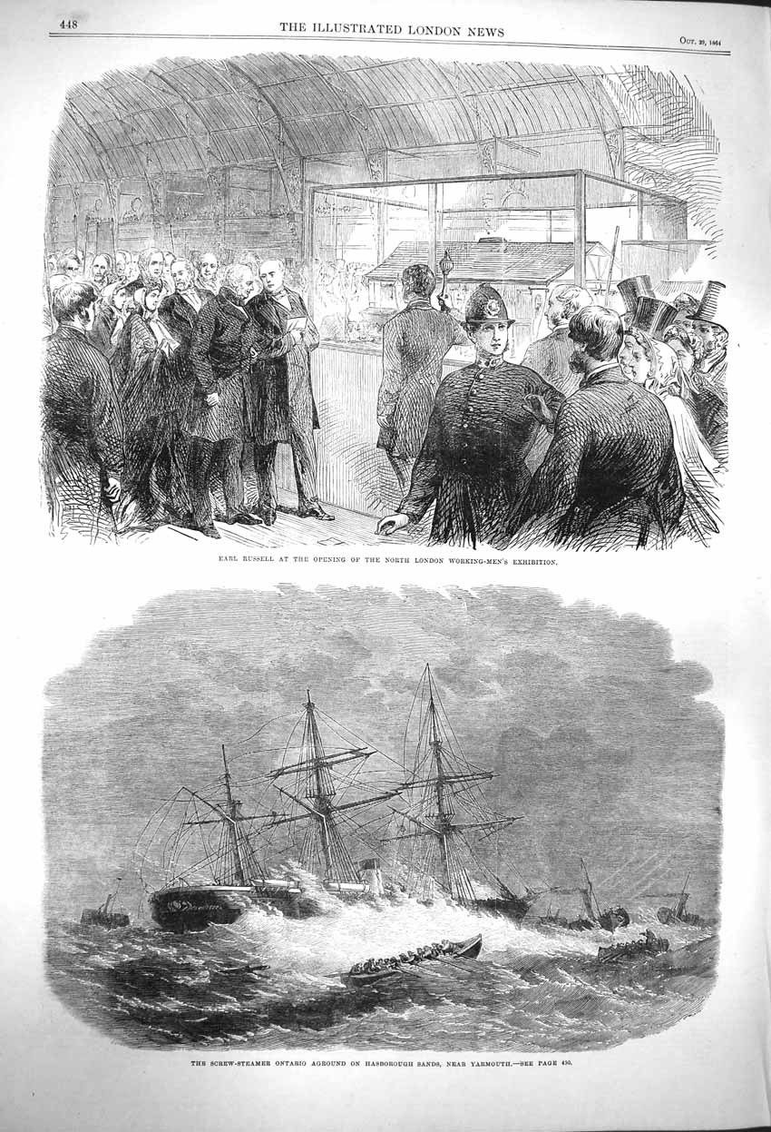 Old Antique Print 1864 Earl Russell Working-Men'S Exhibition Ship Ontario 19th