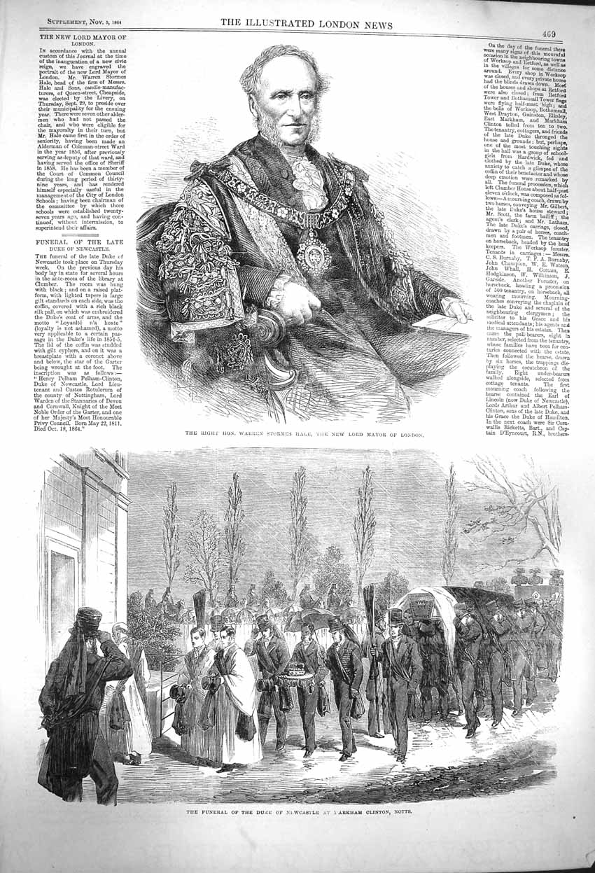 Original Old Antique Print 1864 Warren Stormes Hale Mayor London Duke Newcastle