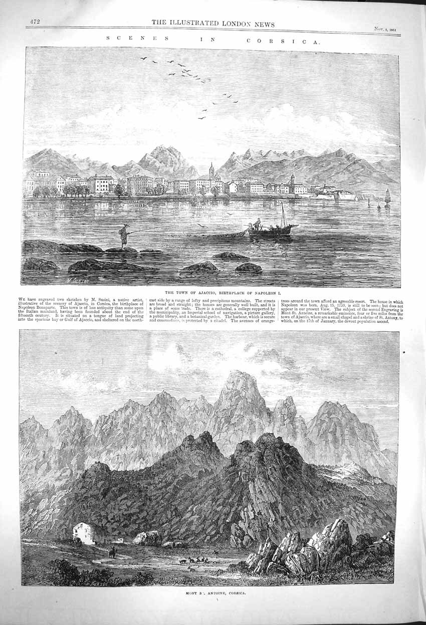 Original Old Antique Print 1864 Town Ajaccio Corsica Mountains Antoine Napoleon