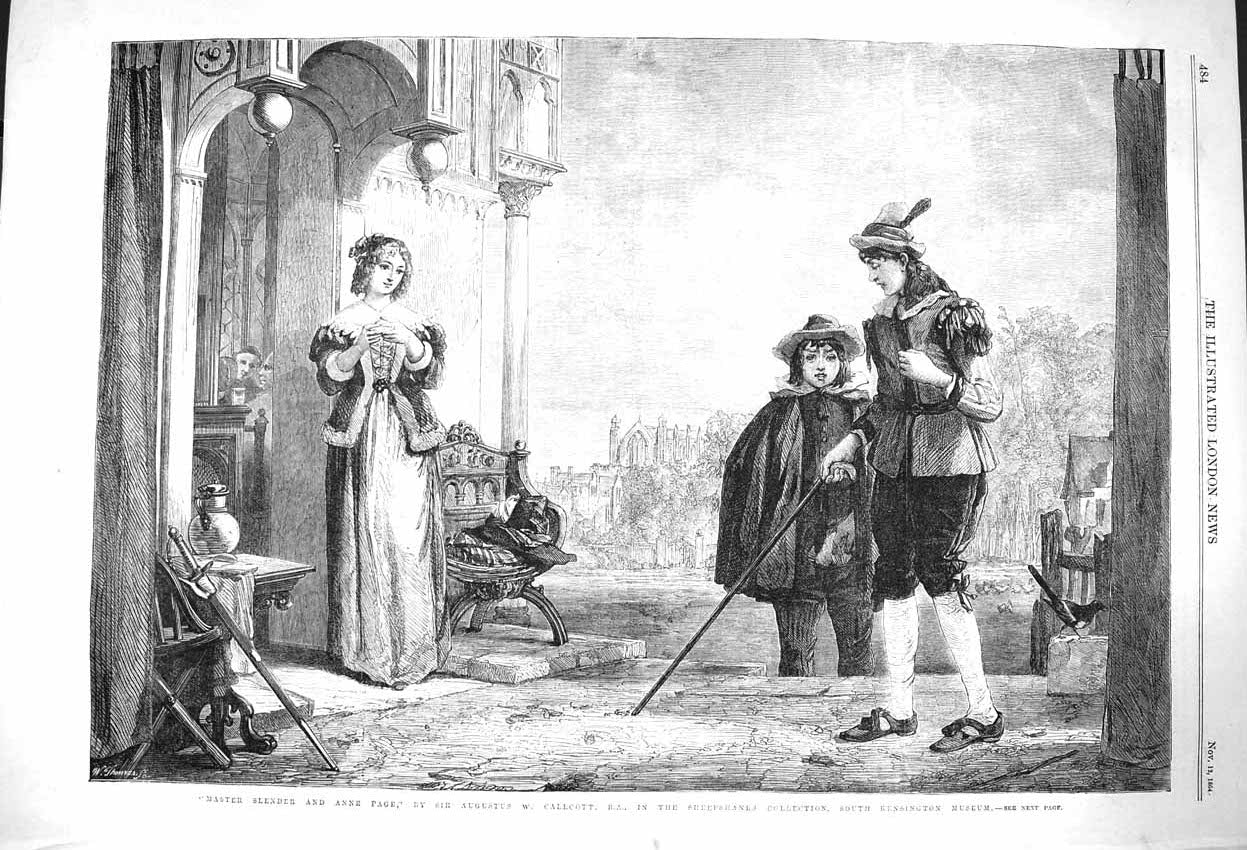 Original Old Antique Print 1864 Master Slender Anne Page Romance Callcott 19th
