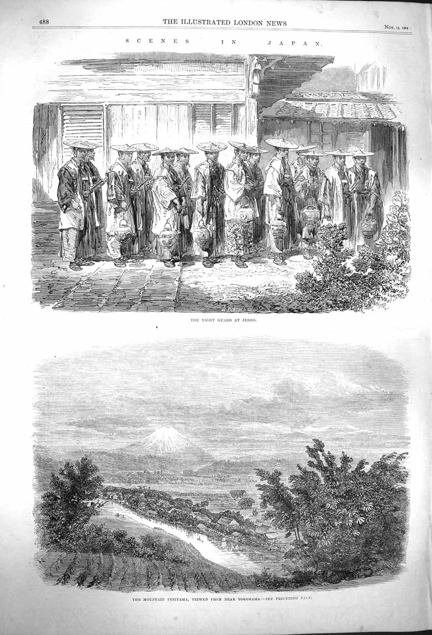 Original Old Antique Print 1864 Japan Guard Jeddo Mountain Fusiyama Yokohama