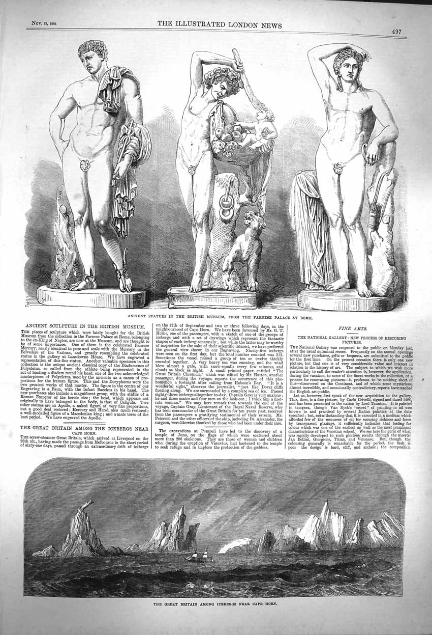 Original Old Antique Print 1864 Statues British Museum Rome Great Britain Ship
