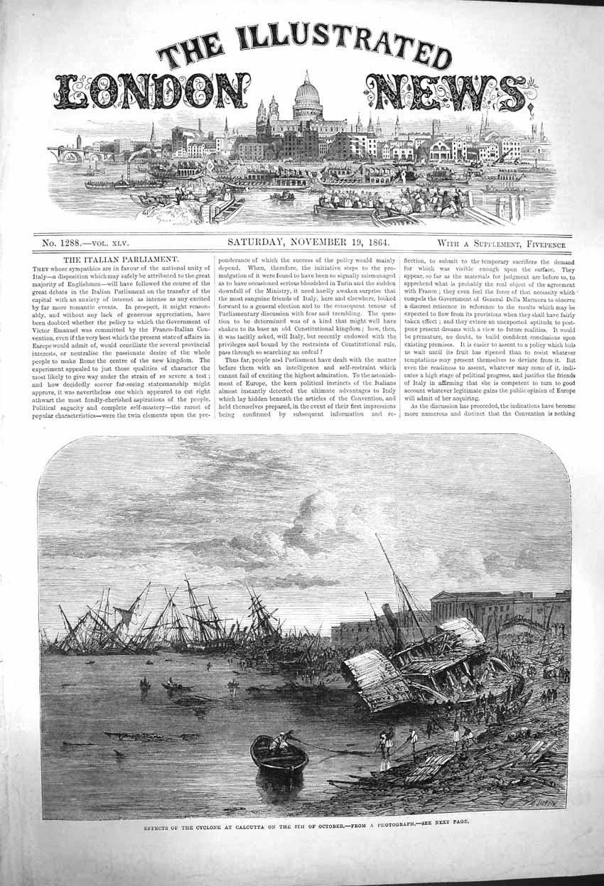 Original Old Antique Print 1864 Effects Cyclone Calcutta India Ship Wrecks 19th