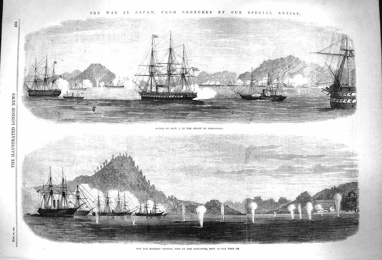 Original Old Antique Print 1864 War Japan Ships Strait Simonosaki Corvettes Red
