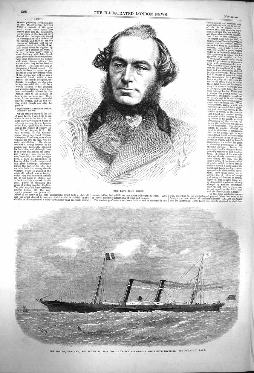 Original Old Antique Print 1864 John Leech London Chatham Steam Boat Imperial
