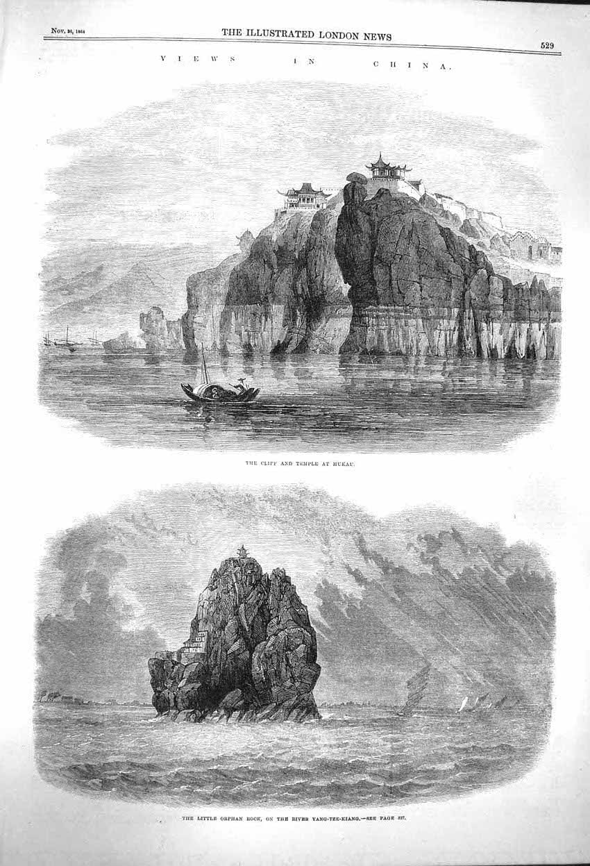 Original Old Antique Print 1864 China Temple Hajau Orphan Rock Yang-Tze-Kiang