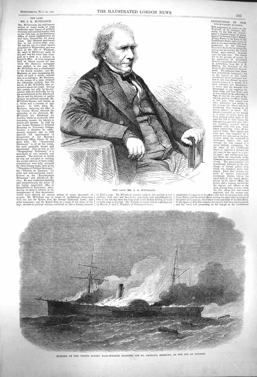 Old Antique Print 1864 Portrait M'Culloch Fire United States Ship Roanoke 19th