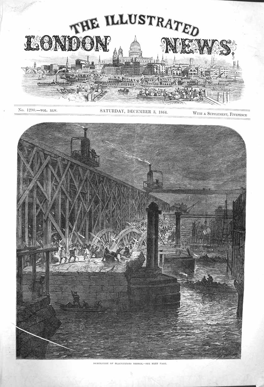 Original Old Antique Print 1864 Demonlition Blackfriars Bridge London Fine Art