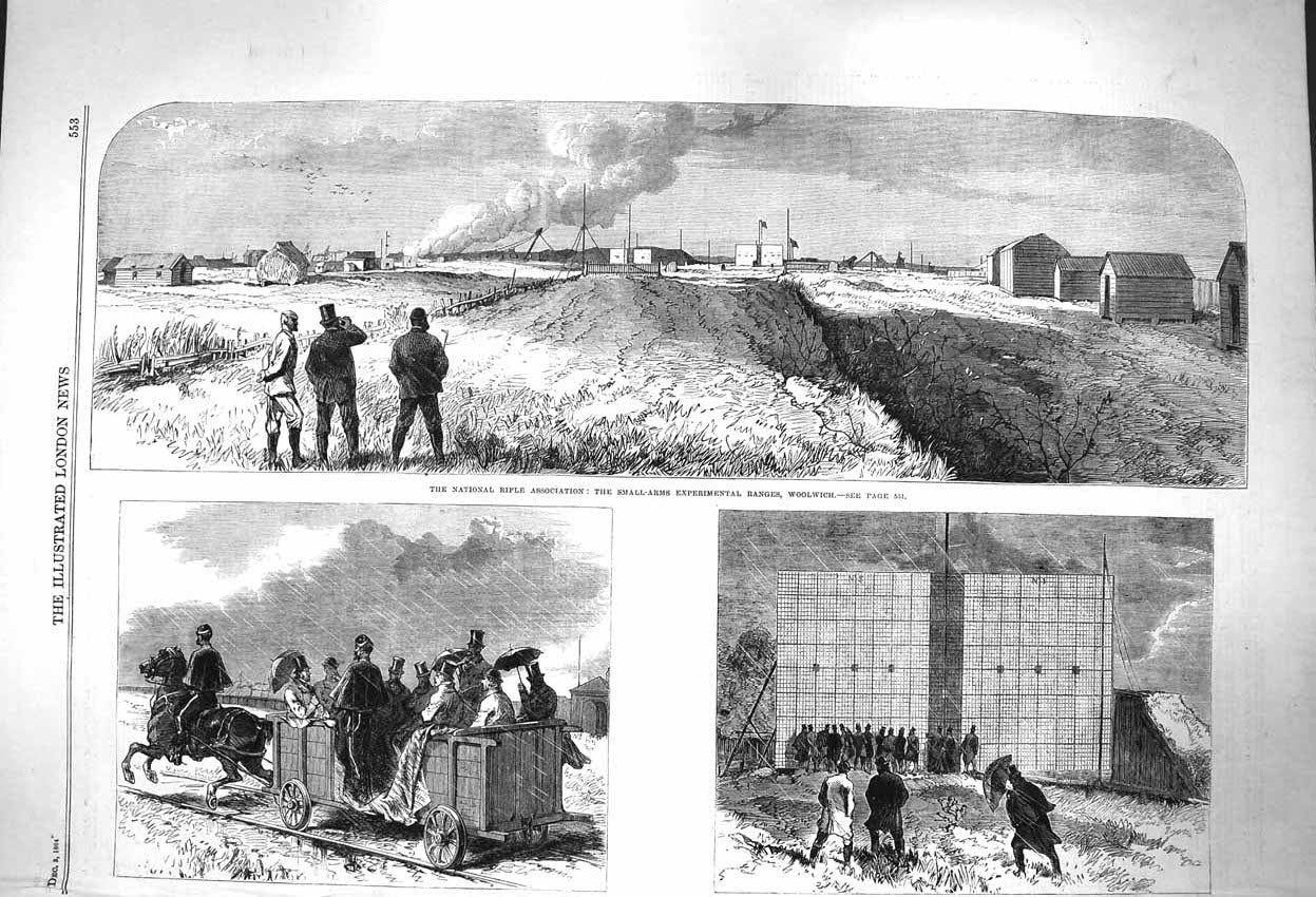 Old Antique Print 1864 National Rifle Experimental Range Woolwich Tramway 19th