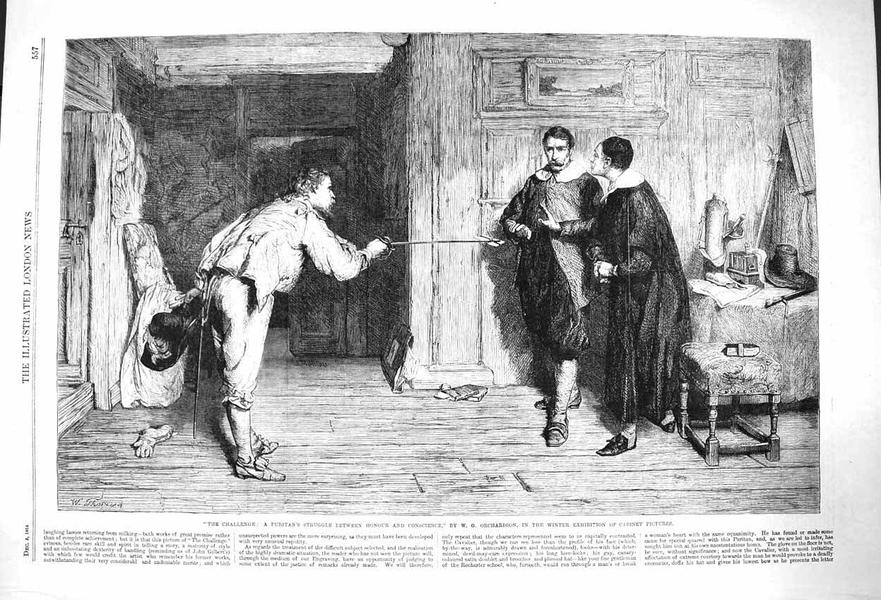 Original Old Antique Print 1864 Puritan Struggle Honour Consceince Sword Letter