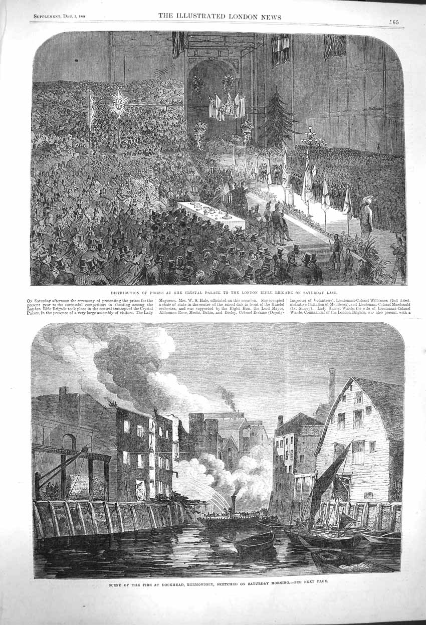 Old Antique Print 1864 London Rifle Brigade Crystal Palace Fire Dockhead 19th