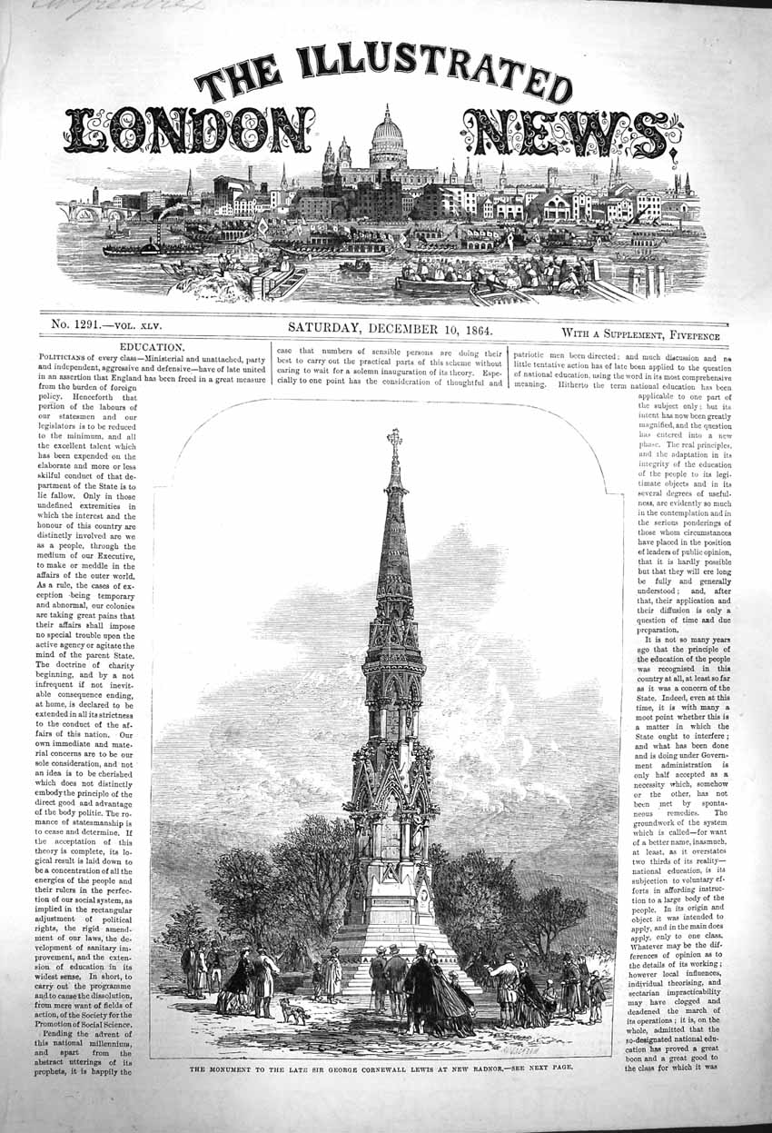 Original Old Antique Print 1864 Monument George Cornewall New Radnor Victorian