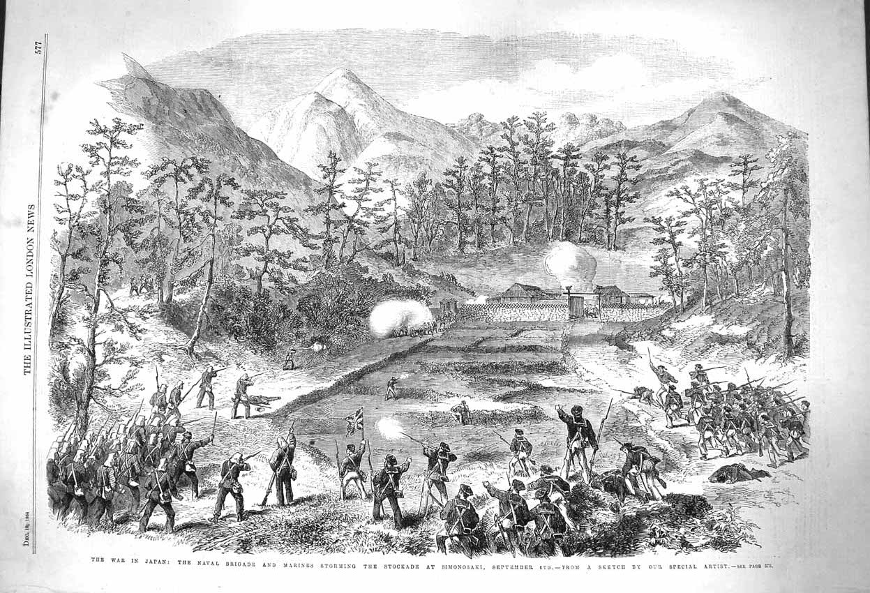 Original Old Antique Print 1864 War Japan Naval Brigade Marines Simonosaki Sier
