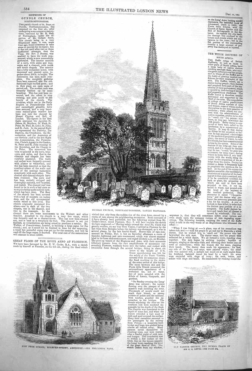 Original Old Antique Print 1864 Oundle Church Northamptonshire School Aberdeen