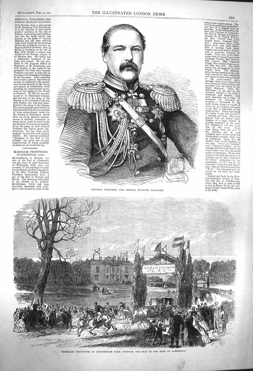 Old Antique Print 1864 General Todleben Russian Engineer Earl Albemarle 19th