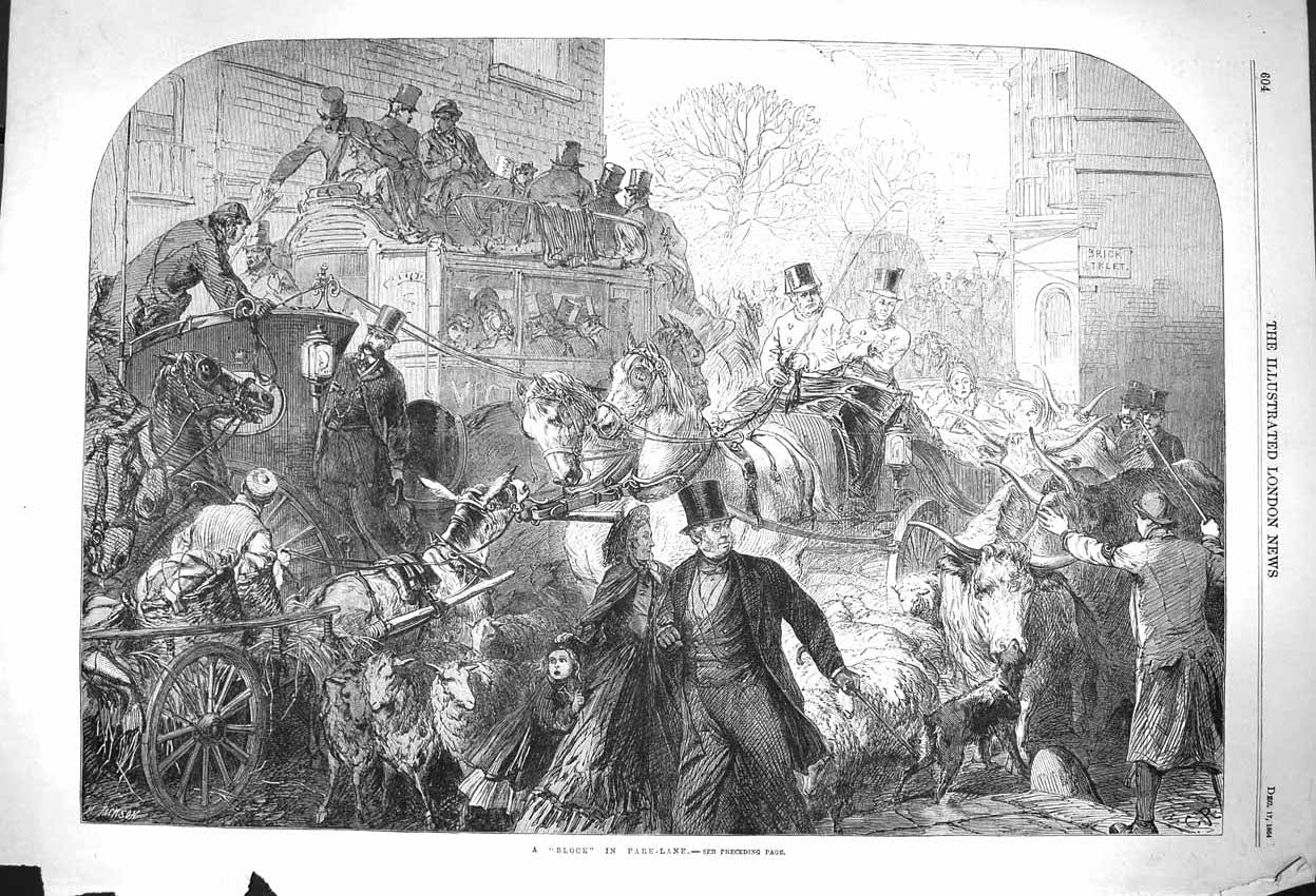Old Antique Print 1864 Block Park Lane London Horses Carriage Transport 19th