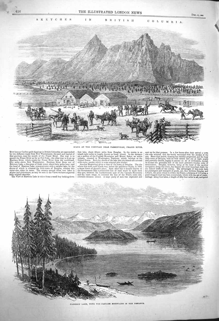 Old Antique Print 1864 British Columbia Cascade Mountains Fraser Douglas 19th
