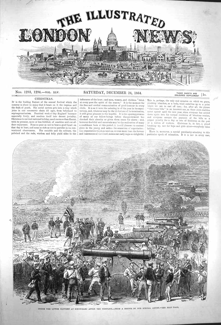 Original Old Antique Print 1864 Scene Inside Lower Battery Simonosaki Siers