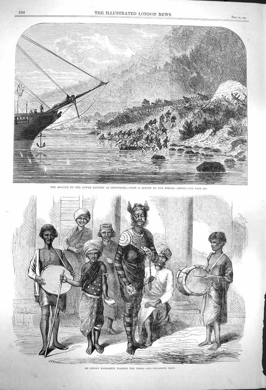 Old Antique Print 1864 Battery Simonosaki Assault Indian Harlequin Music 19th