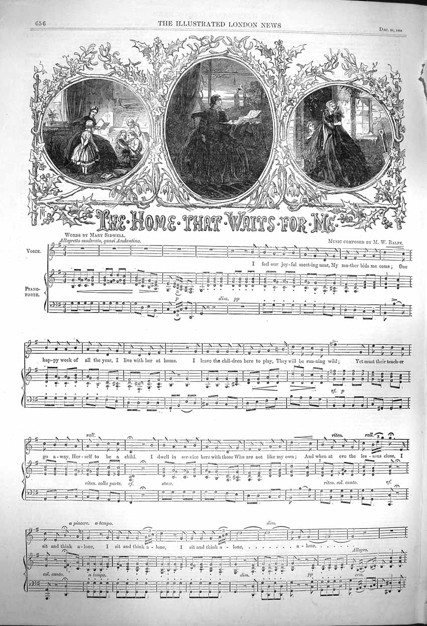 Old Antique Print 1864 Sheet Music Home That Waits For Men Mary Sidwell 19th