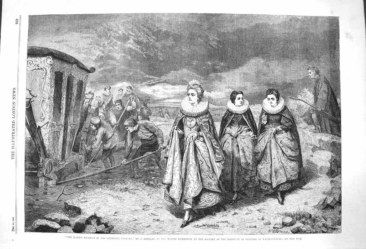 Original Old Antique Print 1864 Queen'S Highway Sixteenth Century Transport