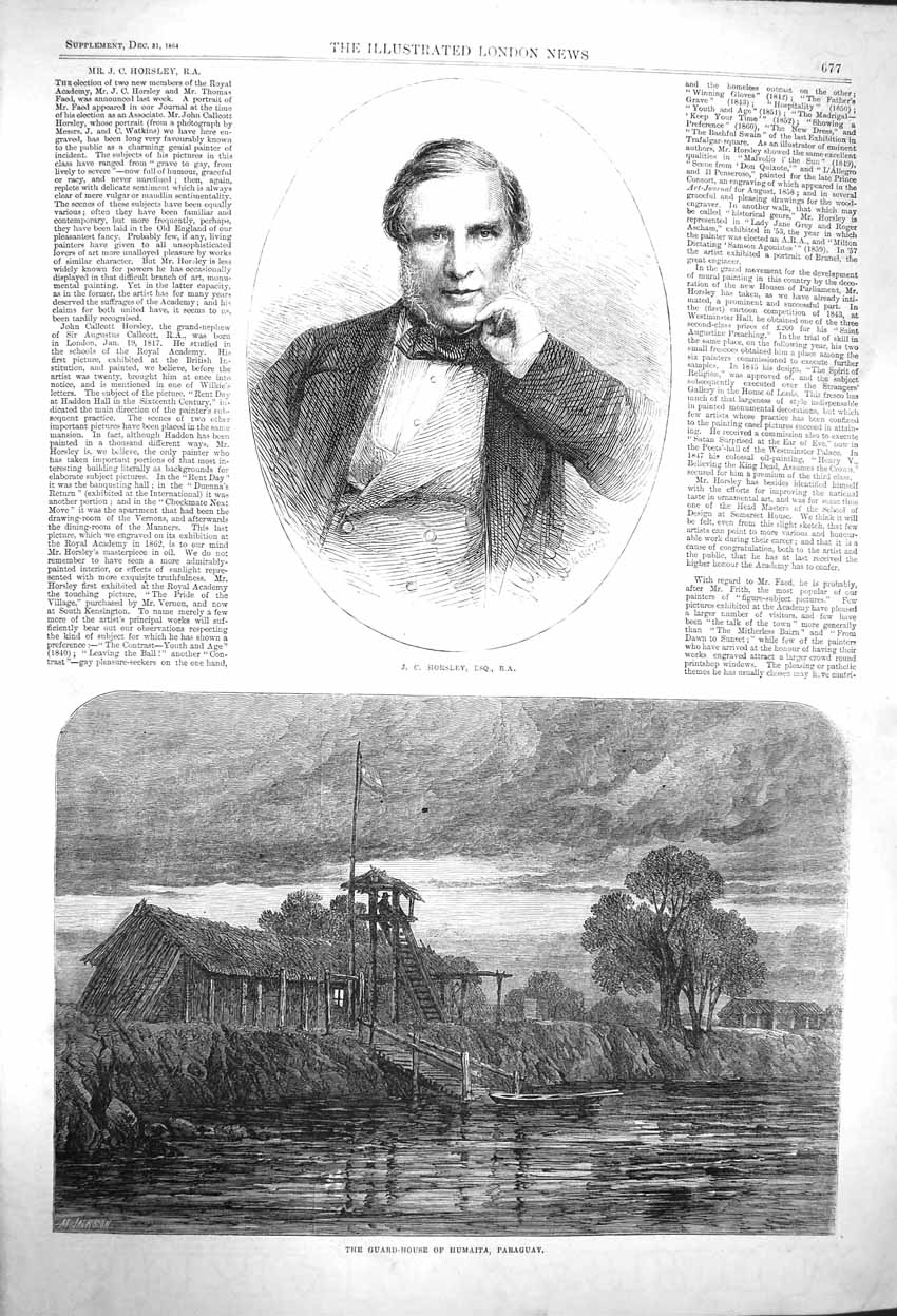 Original Old Antique Print 1864 Portrait Horsley Guard House Humaita Paraguay