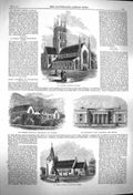 Original Old Antique Print 1864 Church Clapham Courthouse Wellington Zealand