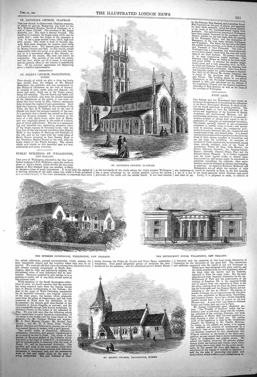 Original Old Antique Print 1864 Church Clapham Courthouse Wellington Zealand