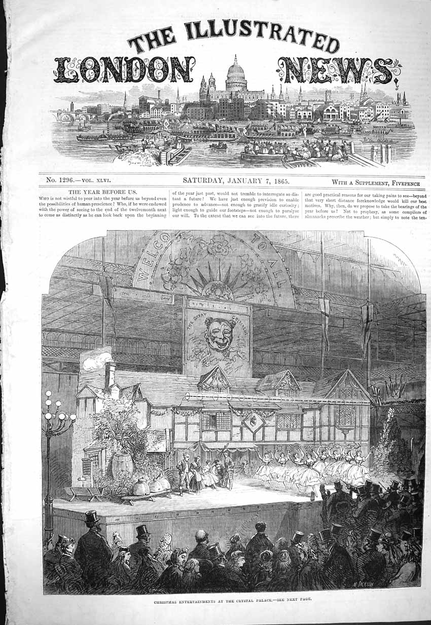 Original Old Antique Print 1865 Christmas Entertainments Crystal Palace London