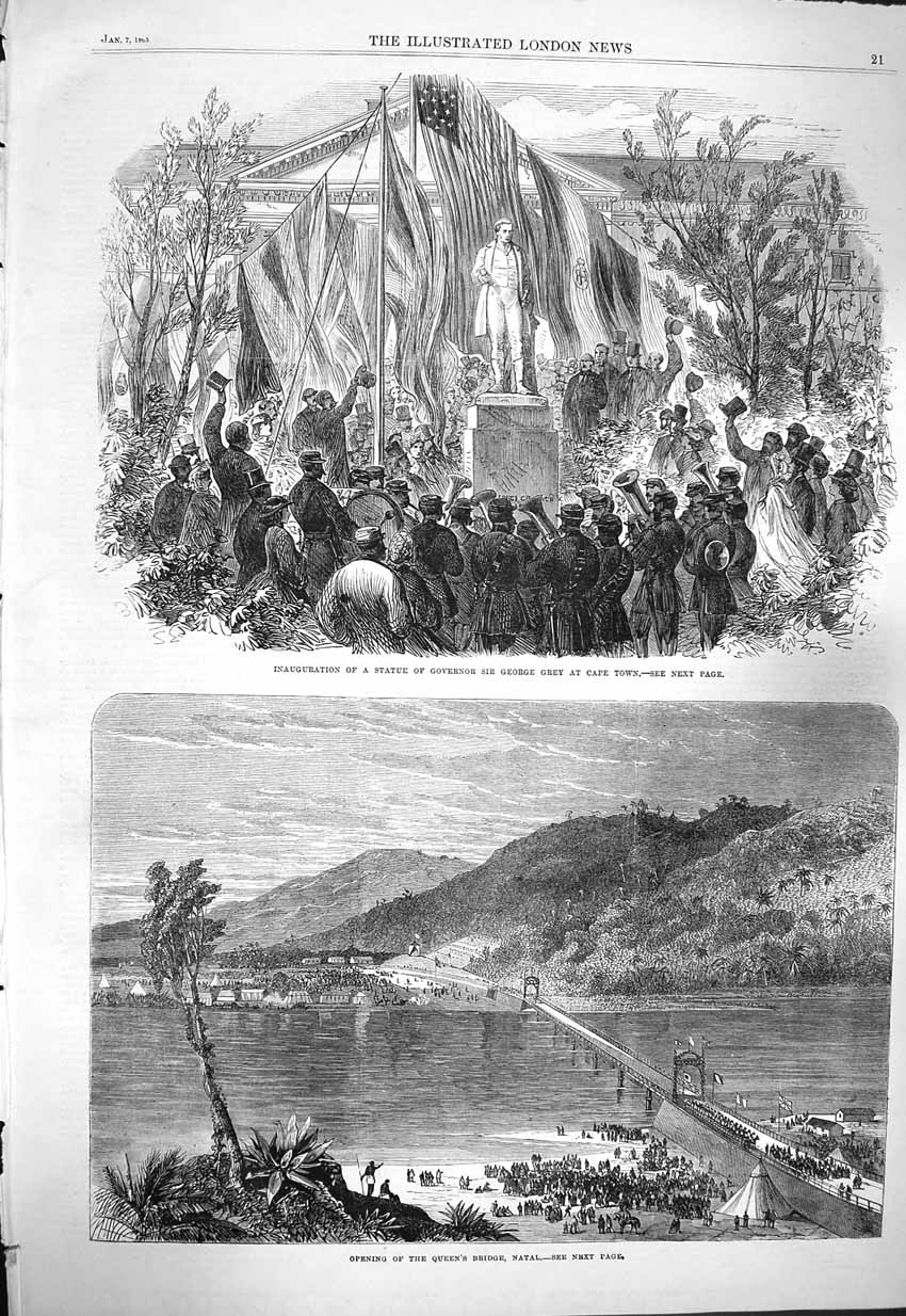 Old Antique Print 1865 Statue Governor George Grey Cape Town Natal Bridge 19th