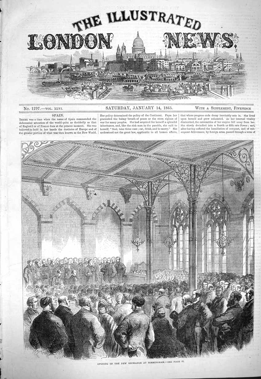 Original Old Antique Print 1865 Scene Opening New Exchange Birmingham Victorian
