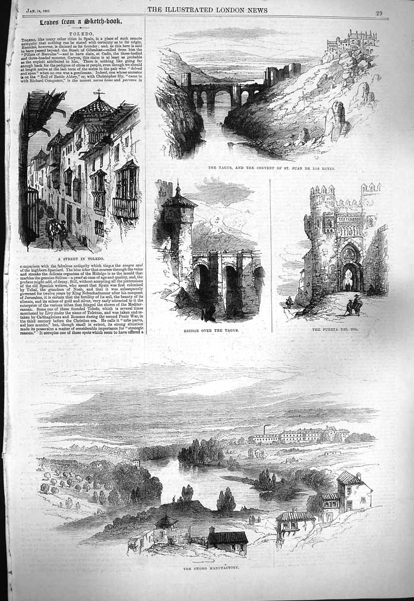 Original Old Antique Print 1865 Toledo Tagus Convent Sword Manufactory Puerta