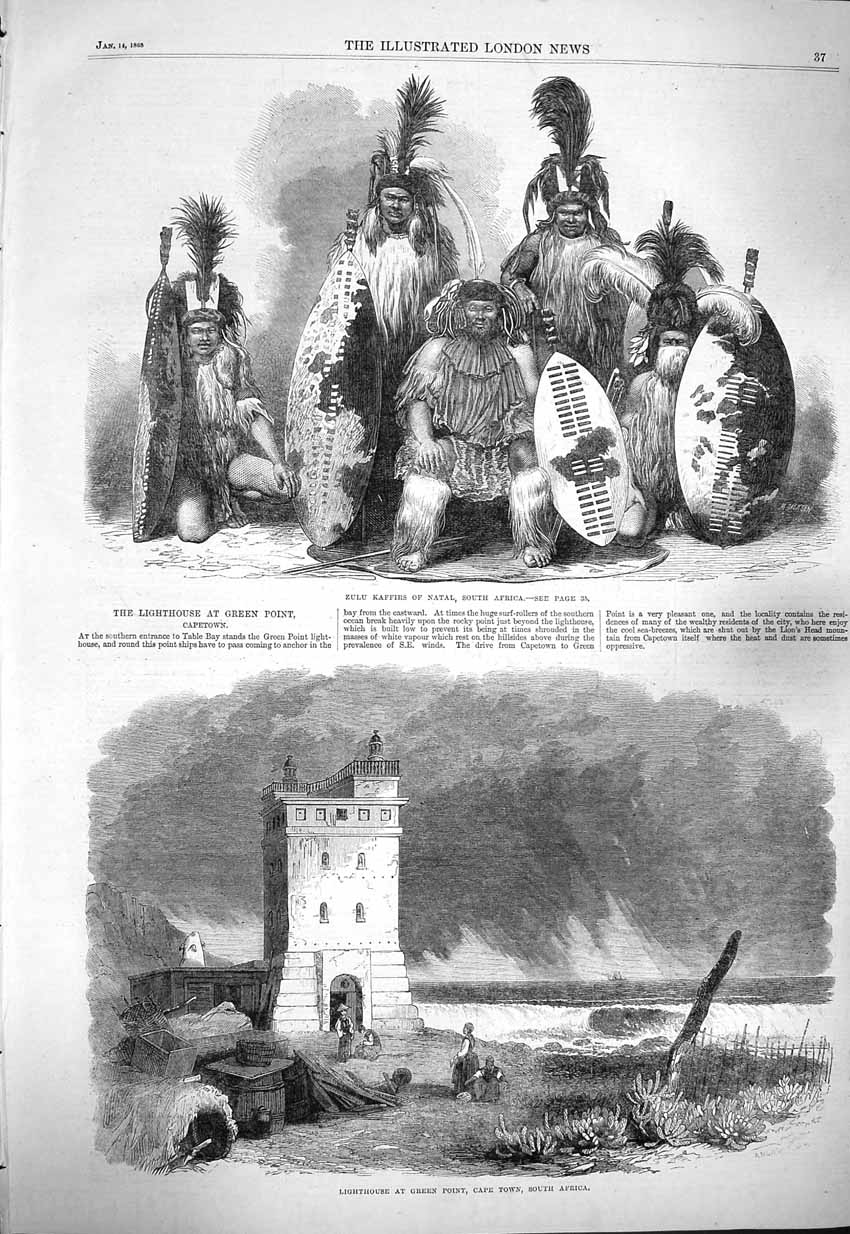Original Old Antique Print 1865 Zulu Kaffirs Natal South Africa Lighthouse Cape