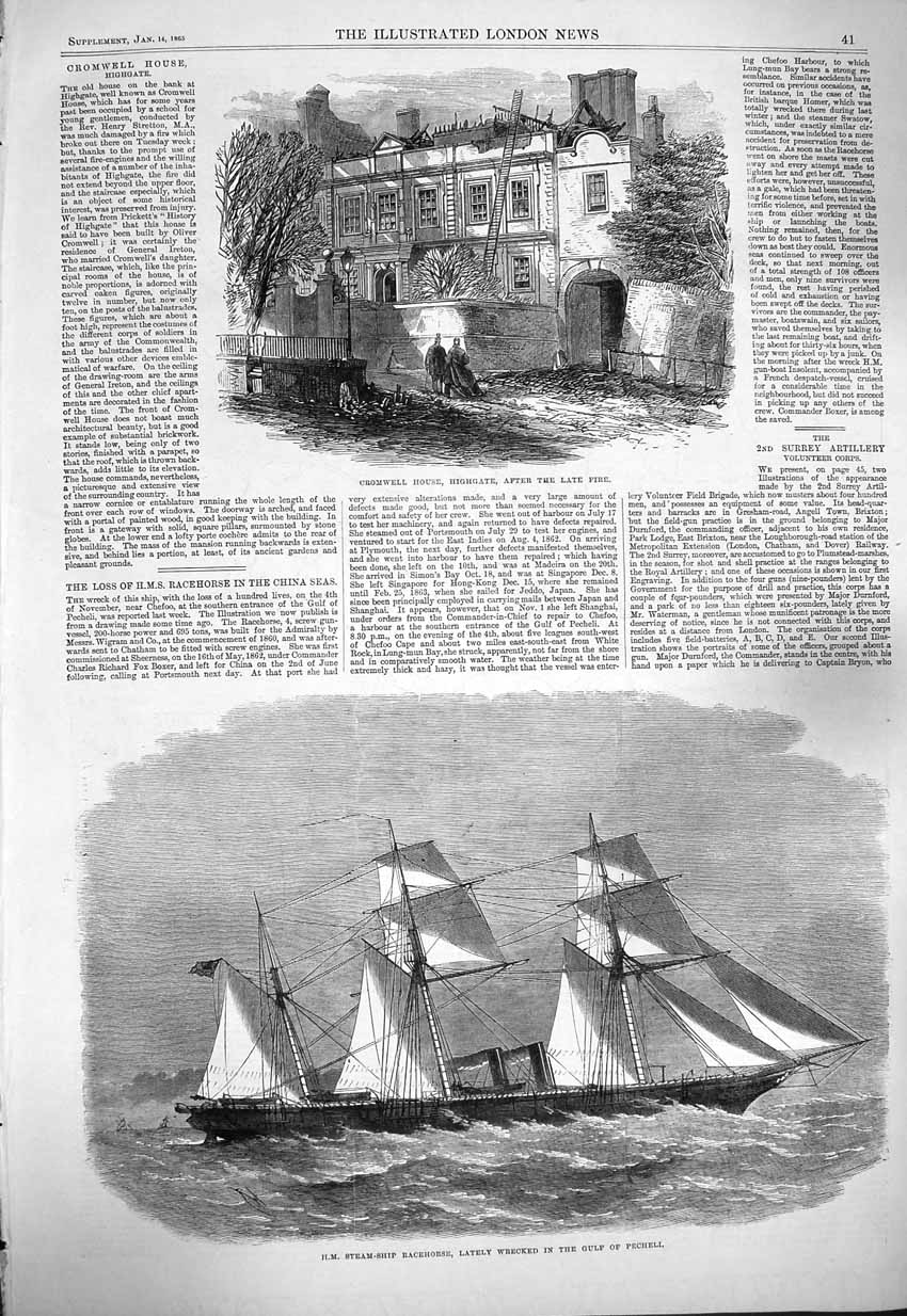 Original Old Antique Print 1865 Cromwell House Highgate Steam Ship Racehorse