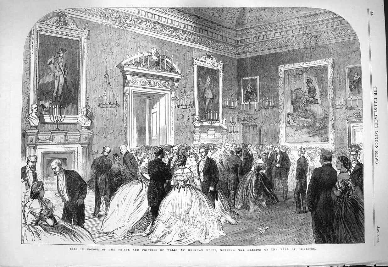 Old Antique Print 1865 Ball Prince Wales Holkham House Norfolk Leicester 19th