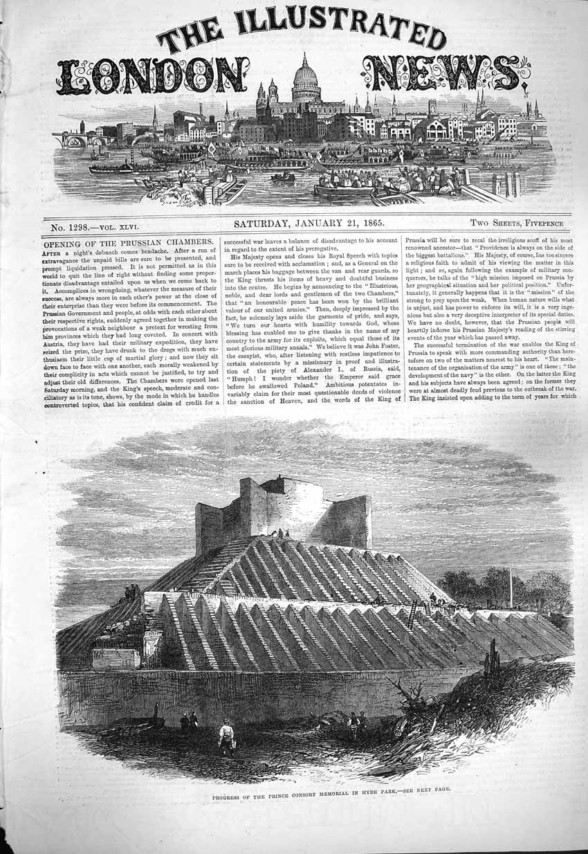 Original Old Antique Print 1865 Progress Prince Consort Memorial Hyde Park 19th