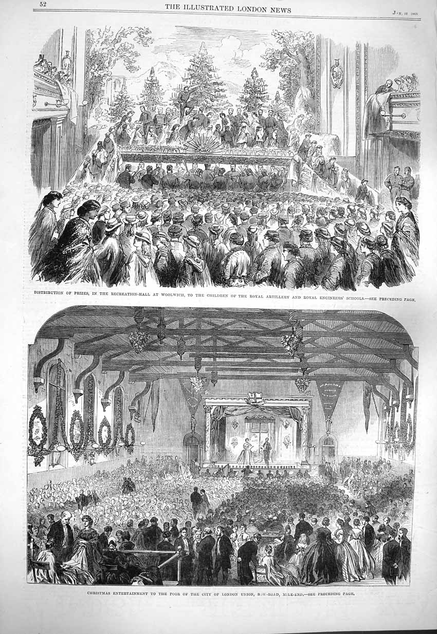 Original Old Antique Print 1865 Recreation Hall Woolwich Christmas London Union