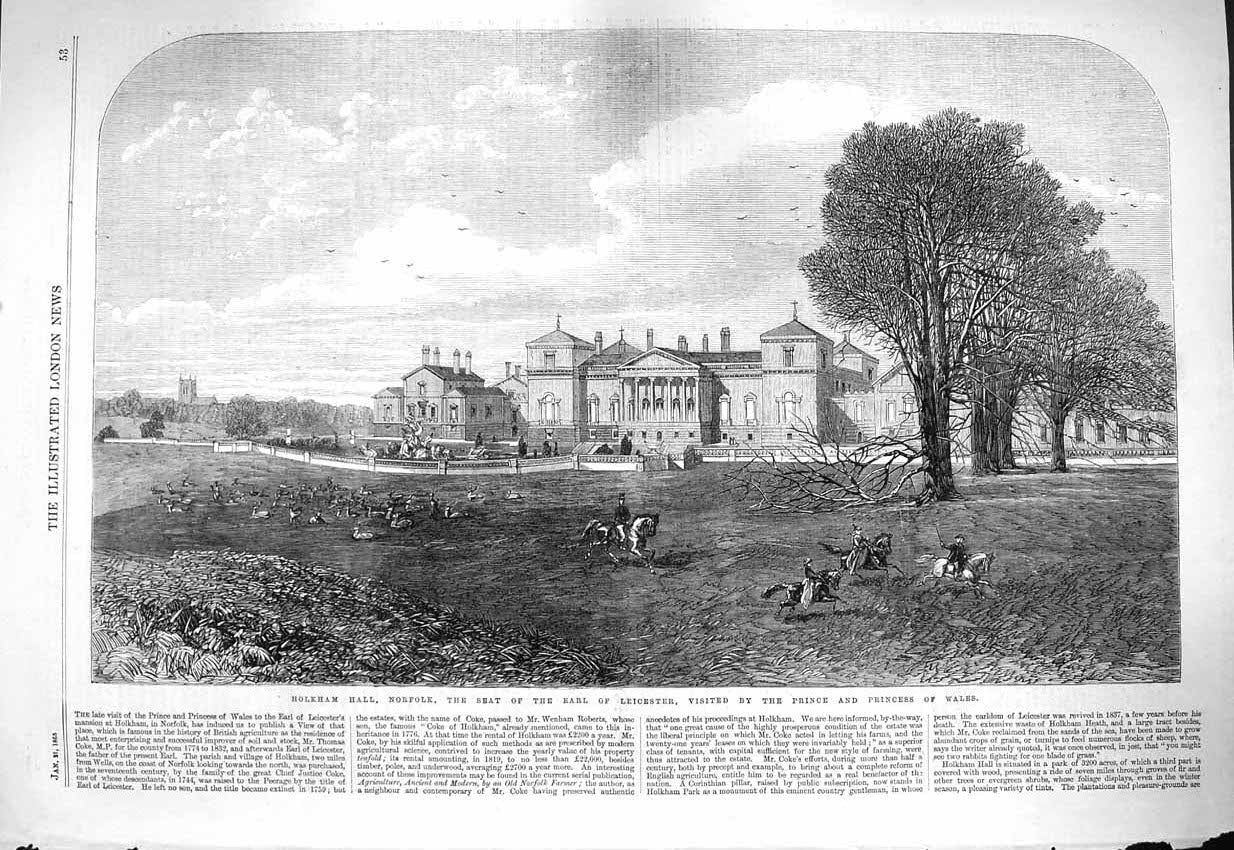 Antique Old Print *3942 1865 Holkham Hall Norfolk Earl Leicester Prince Wales