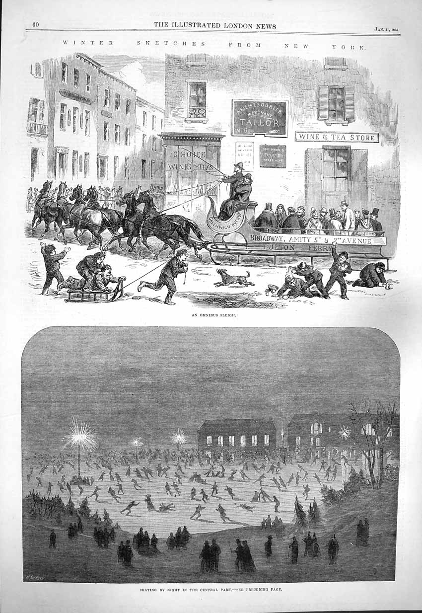 Old Antique Print 1865 Winter New York Omnibus Sleigh Ice Skating Central 19th