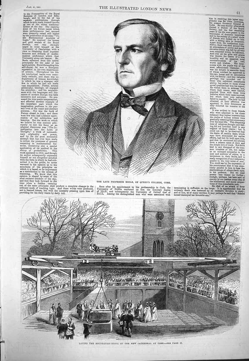 Original Old Antique Print 1865 Professor Boole Queen'S College Cork Cathedral