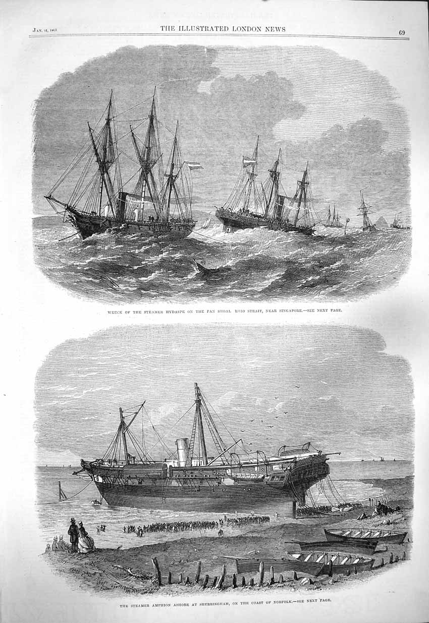 Original Old Antique Print 1865 Ship Wreck Steamer Hydaspe Amphion Sher 19th