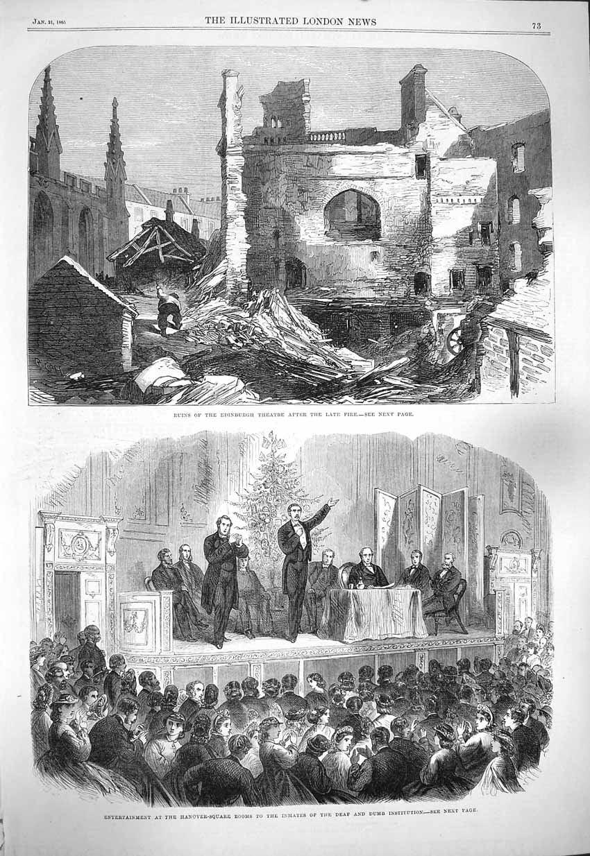 Original Old Antique Print 1865 Ruins Edinburgh Theatre Fire Hanover-Squa 19th
