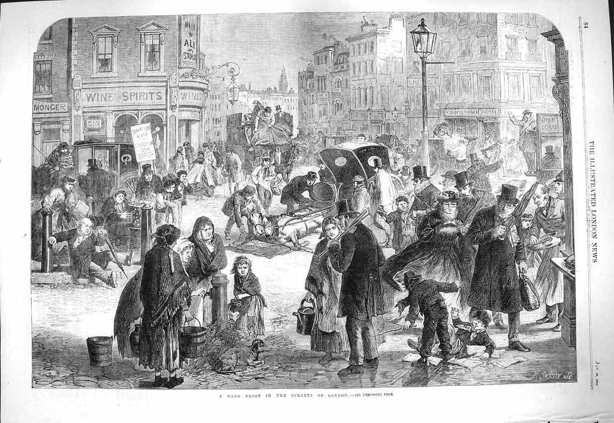 Original Old Antique Print 1865 Hard Frost Scene London Streets Winter 19th