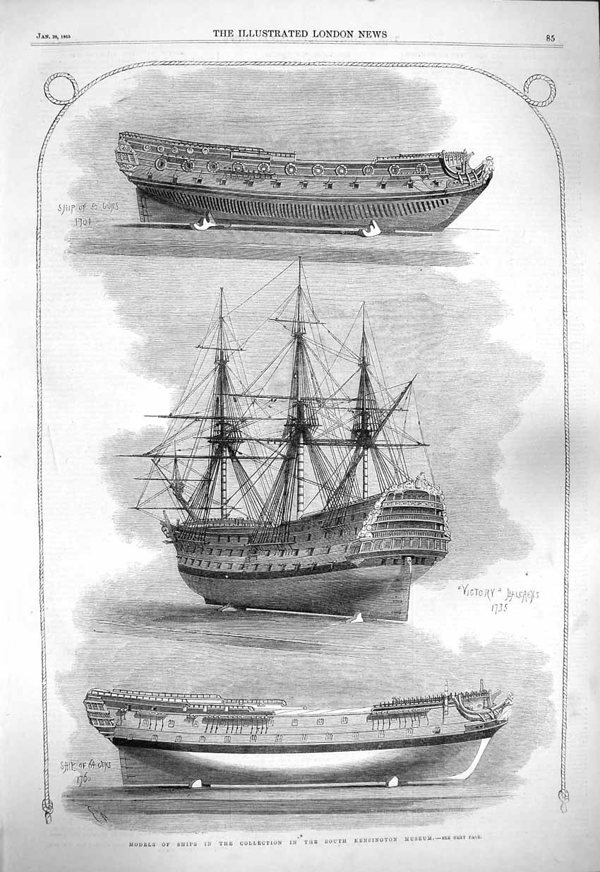 Original Old Antique Print 1865 Model Ships Kensington Museum Victory B 19th