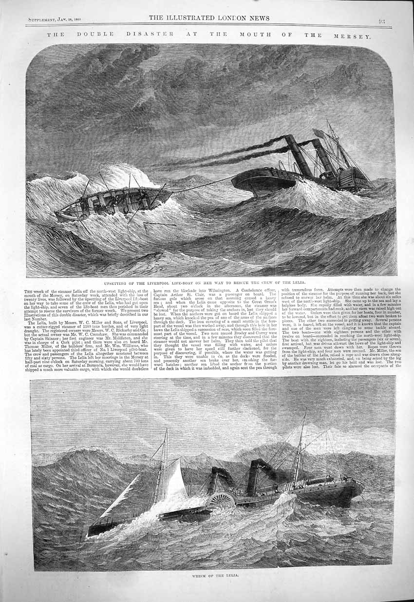 Original Old Antique Print 1865 Liverpool Life-Boat Lelia Ship Rescue Merse 19th