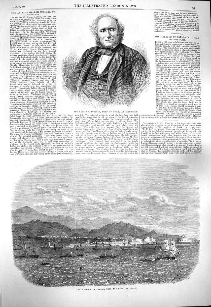 Original Old Antique Print 1865 Lormier Dean Guild Edinburgh Harbour Calla 19th