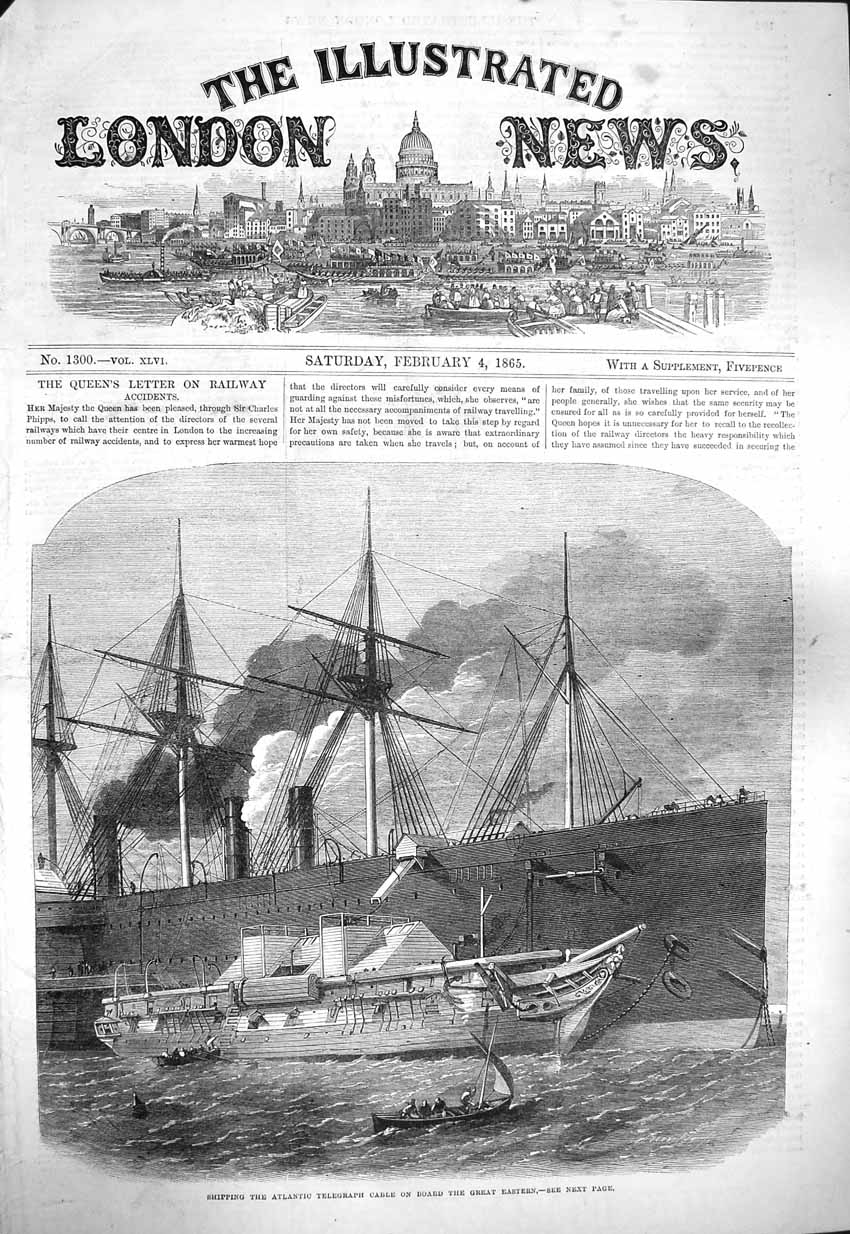 Original Old Antique Print 1865 Atlantic Telegraph Cable Great Eastern Ship